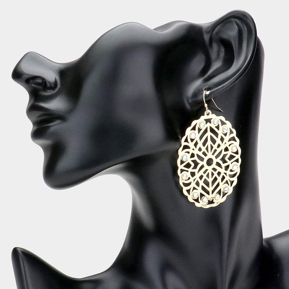 Stone Embellished Brass Metal Patterned Oval Dangle Earrings - Madeline Love - Flyclothing LLC