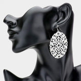 Stone Embellished Brass Metal Patterned Oval Dangle Earrings - Madeline Love - Flyclothing LLC