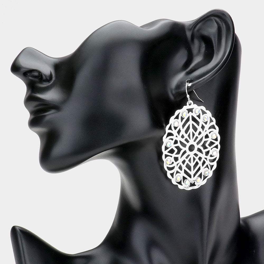Stone Embellished Brass Metal Patterned Oval Dangle Earrings - Madeline Love - Flyclothing LLC