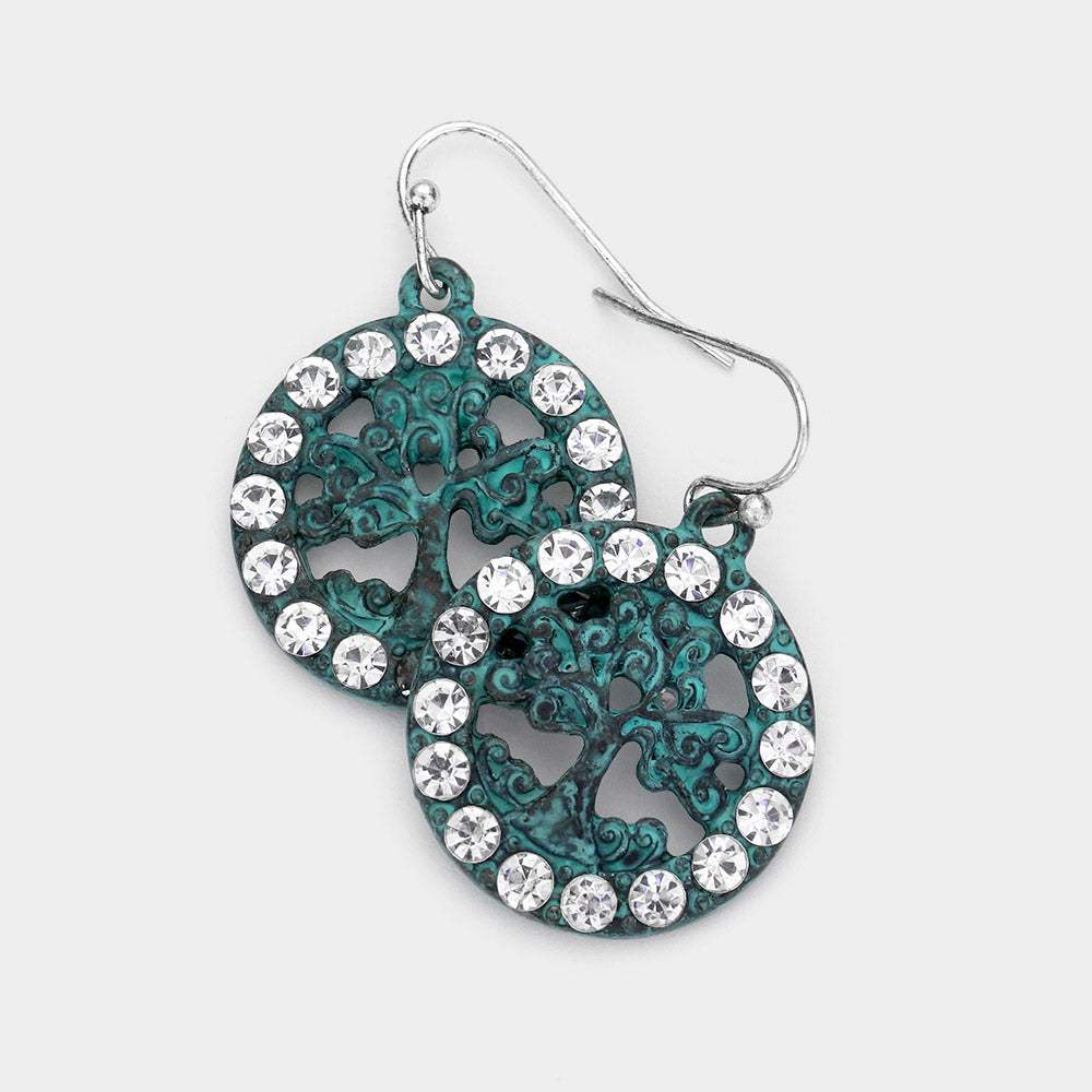 Stone Embellished Metal Tree of Life Dangle Earring - Madeline Love - Flyclothing LLC
