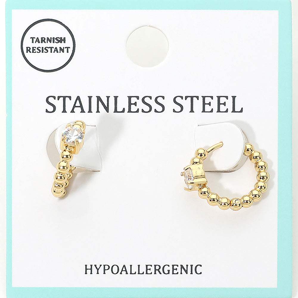 Stainless Steel Solitaire Accent Beaded Mini Huggie Hoop Earrings - Madeline Love - Flyclothing LLC