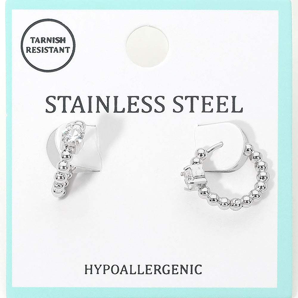 Stainless Steel Solitaire Accent Beaded Mini Huggie Hoop Earrings - Madeline Love - Flyclothing LLC