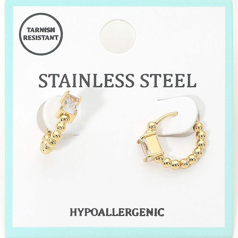 Stainless Steel Rectangular Stone Accent Beaded Mini Huggie Hoop Earrings - Madeline Love - Flyclothing LLC