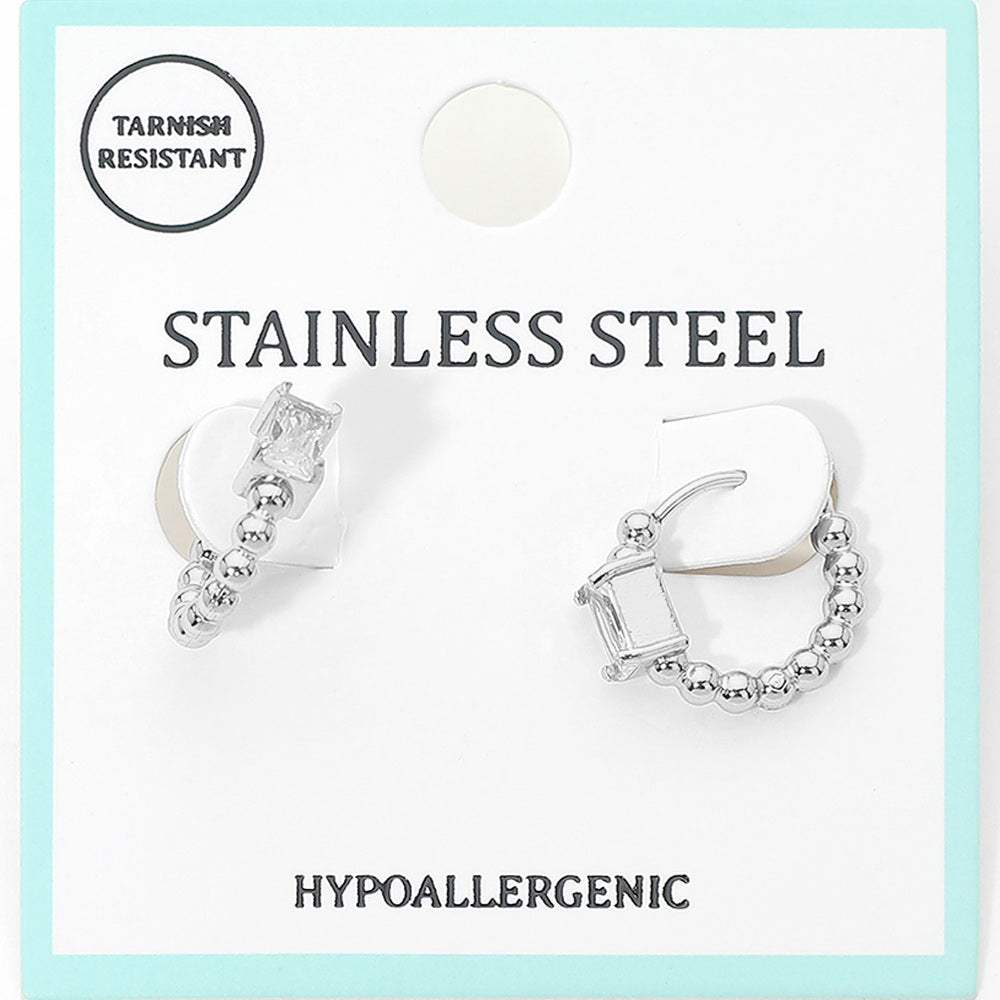 Stainless Steel Rectangular Stone Accent Beaded Mini Huggie Hoop Earrings - Madeline Love - Flyclothing LLC