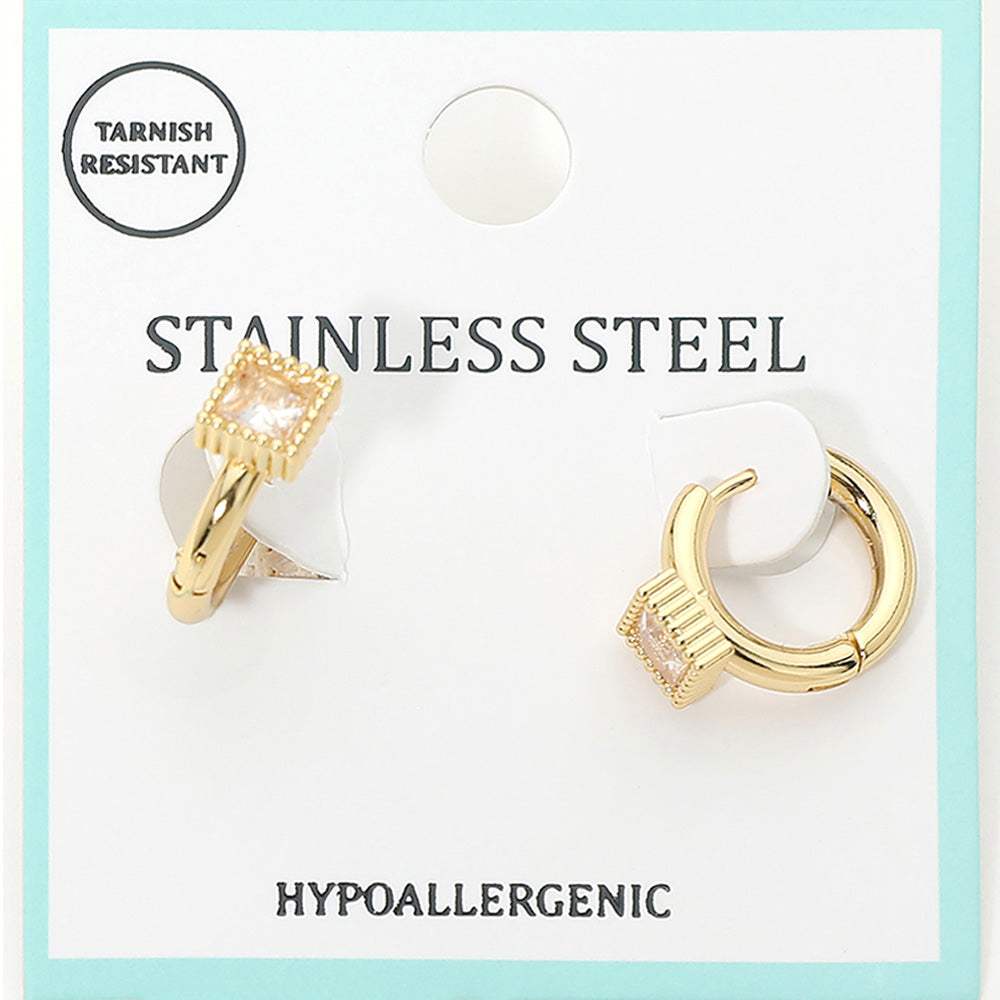 Stainless Steel Square Stone Accent Mini Huggie Hoop Earrings - Madeline Love - Flyclothing LLC