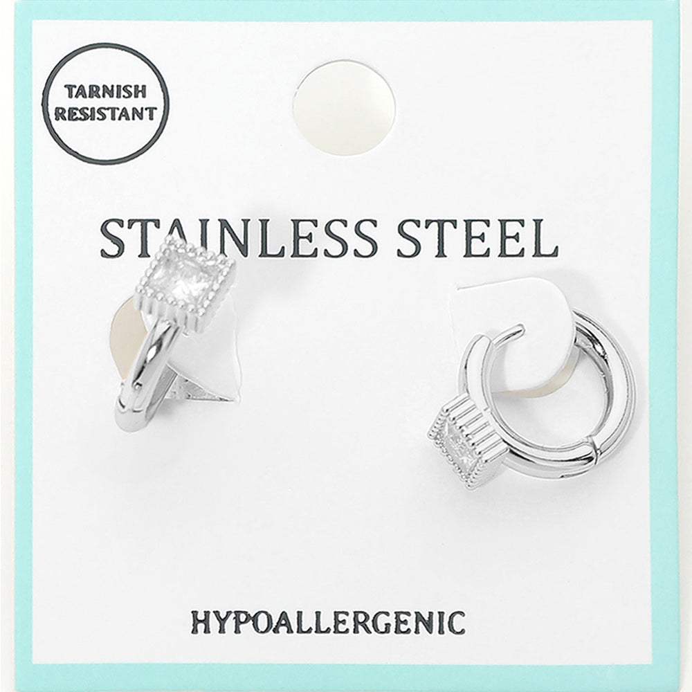 Stainless Steel Square Stone Accent Mini Huggie Hoop Earrings - Madeline Love - Flyclothing LLC