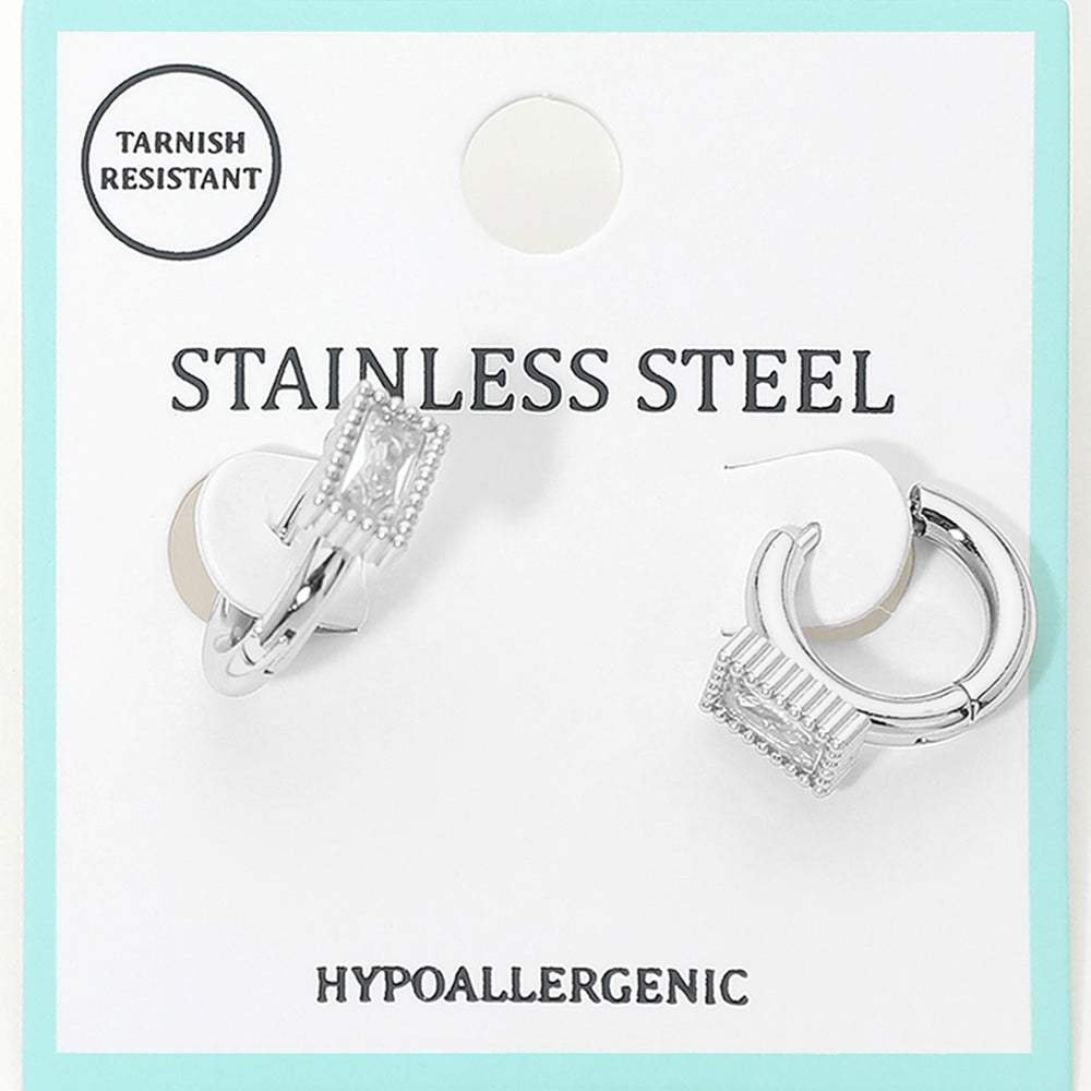 Stainless Steel Baguette Stone Accent Mini Huggie Hoop Earrings - Madeline Love - Flyclothing LLC