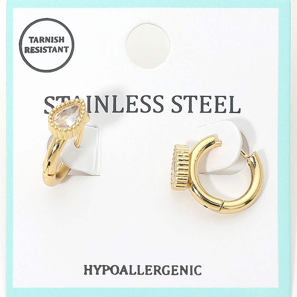 Stainless Steel Teardrop Stone Accent Mini Huggie Hoop Earrings - Madeline Love - Flyclothing LLC