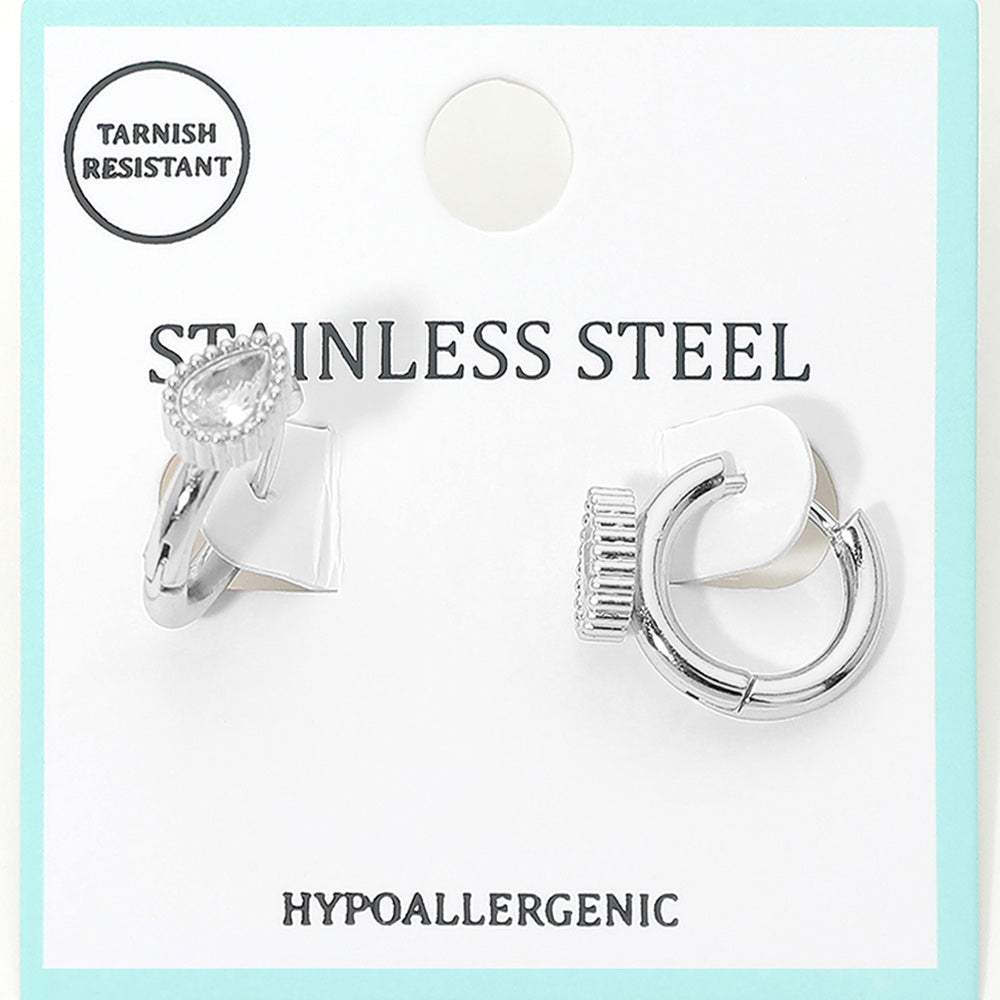 Stainless Steel Teardrop Stone Accent Mini Huggie Hoop Earrings - Madeline Love - Flyclothing LLC