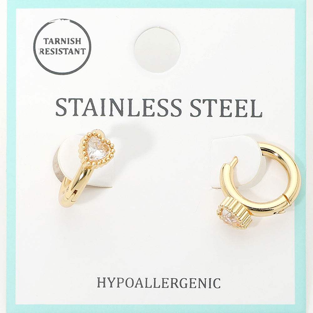 Stainless Steel Heart Stone Accent Mini Huggie Hoop Earrings - Madeline Love - Flyclothing LLC