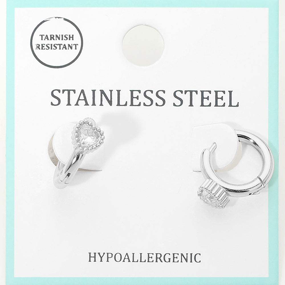 Stainless Steel Heart Stone Accent Mini Huggie Hoop Earrings - Madeline Love - Flyclothing LLC