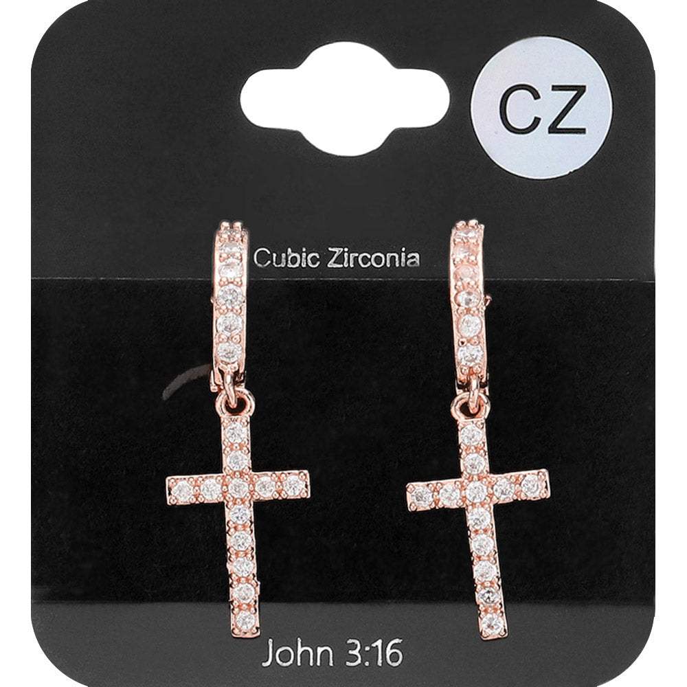 CZ Stone Paved Cross Dangle Huggie Earrings - Madeline Love - Flyclothing LLC
