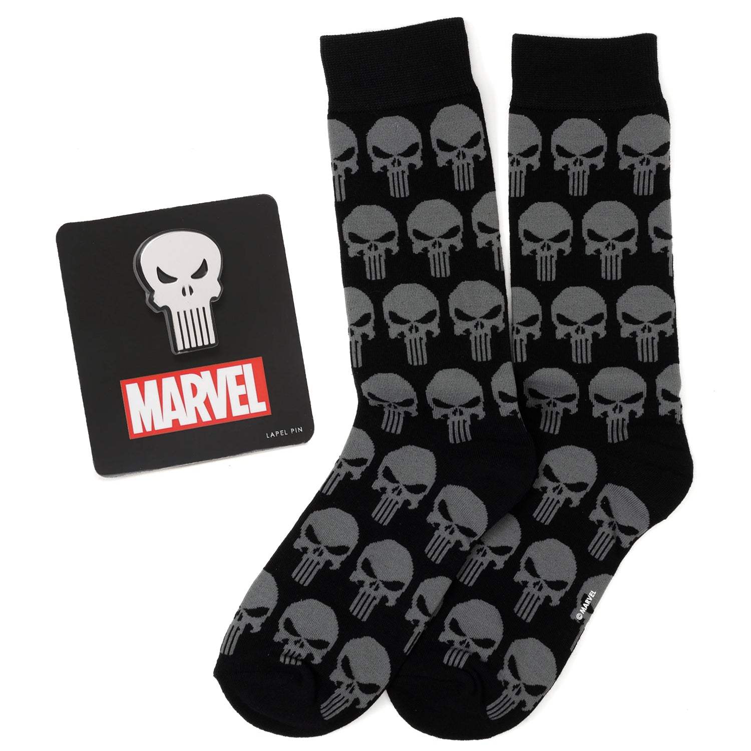Marvel Punisher Black Socks and Silver Lapel Pin Gift Set - Cufflinks.com - Flyclothing LLC