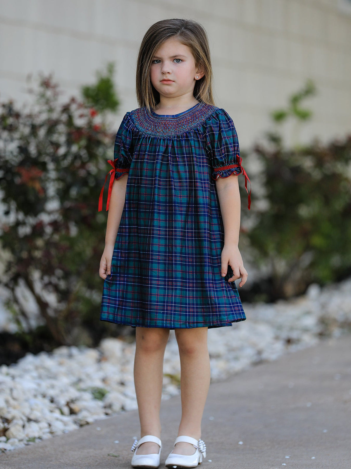 Christmas Girls Plaid Smocked Dres Puff Sleeves - Rylee Faith Designs - Flyclothing LLC
