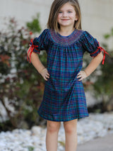 Christmas Girls Plaid Smocked Dres Puff Sleeves - Rylee Faith Designs - Flyclothing LLC