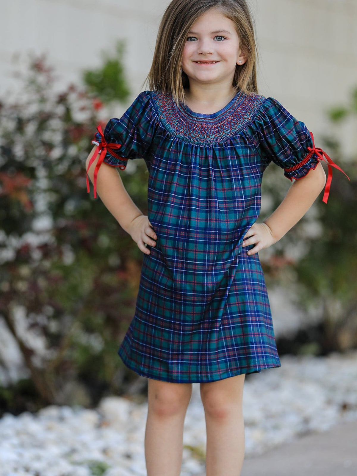 Christmas Girls Plaid Smocked Dres Puff Sleeves - Rylee Faith Designs - Flyclothing LLC