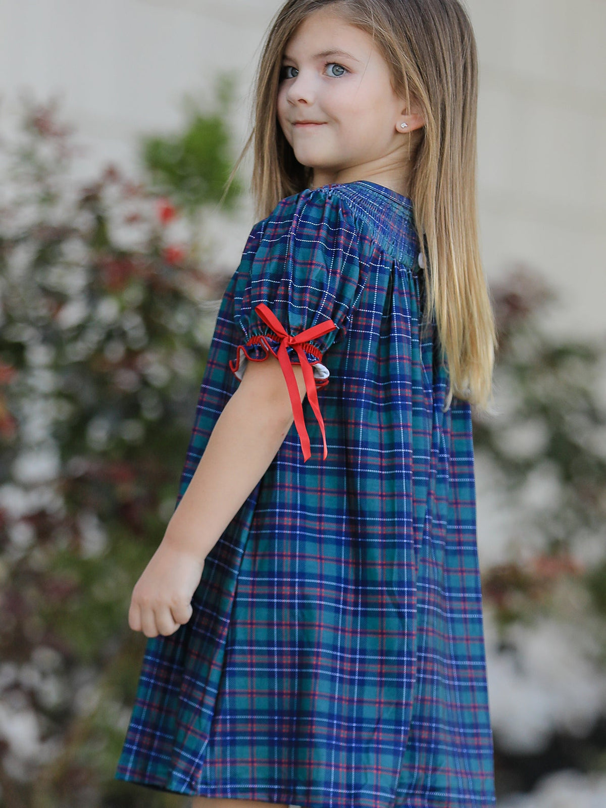 Christmas Girls Plaid Smocked Dres Puff Sleeves - Rylee Faith Designs - Flyclothing LLC