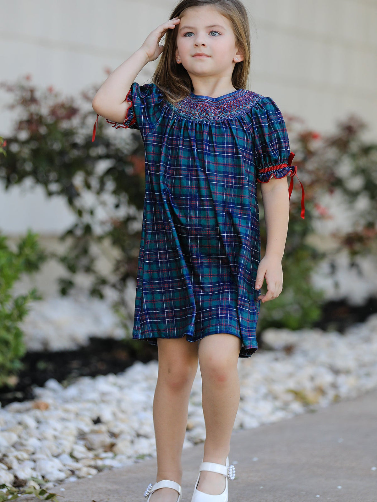 Christmas Girls Plaid Smocked Dres Puff Sleeves - Rylee Faith Designs - Flyclothing LLC
