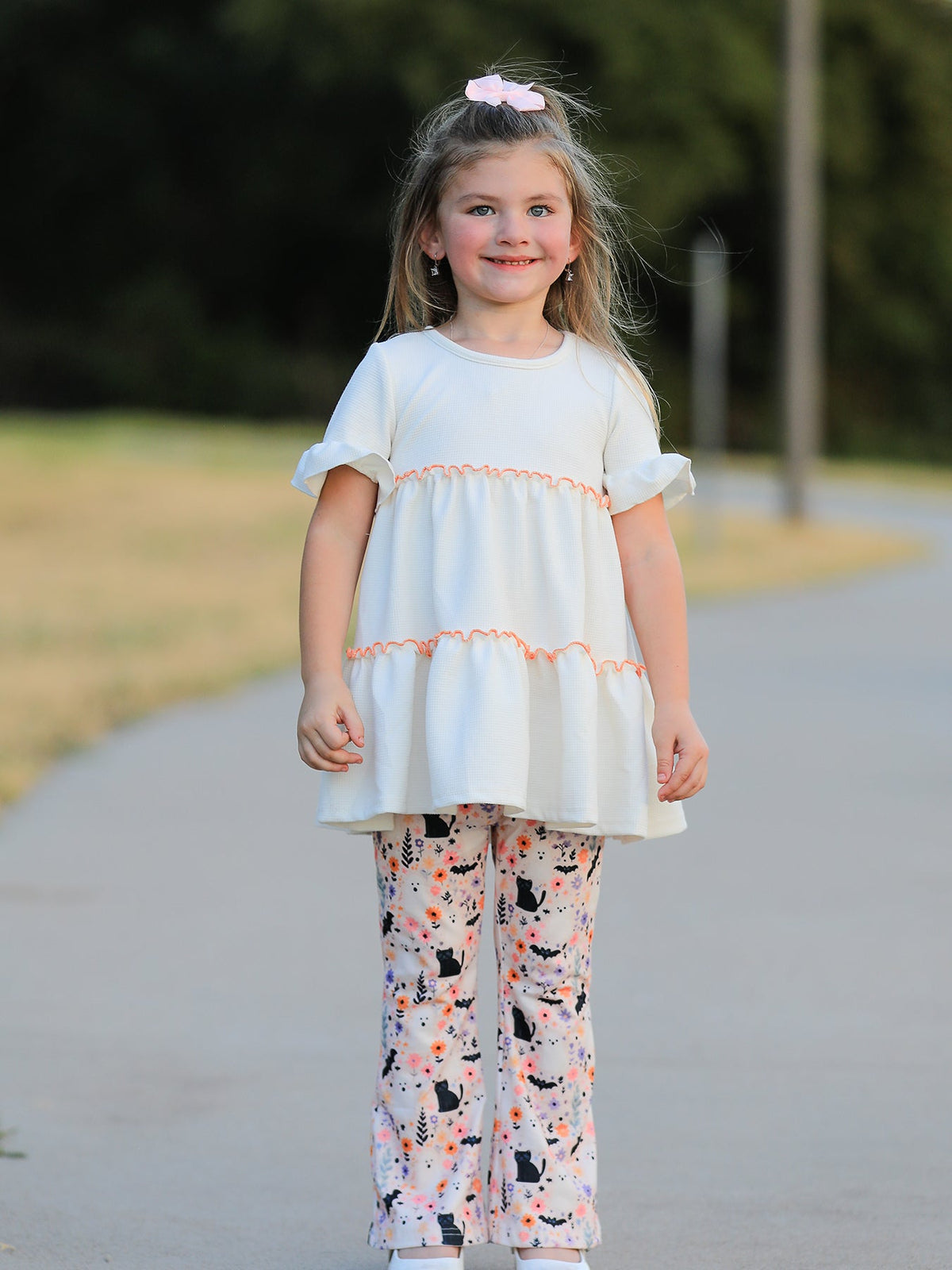 Halloween Black Cat Girls Bell Bottom Pant Set - Rylee Faith Designs - Flyclothing LLC