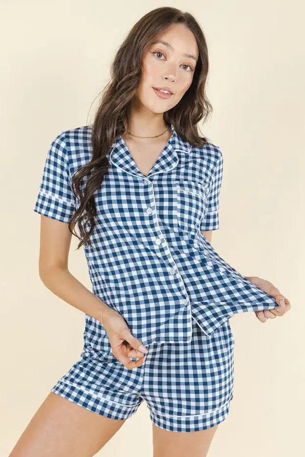 The Mad for Plaid | Navy Gingham SleepDeep™ Button Down Short Pajama Set - Shinesty - Flyclothing LLC