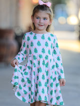 Christmas Girls Pink Stripe Tree Bow Twirl Dress - Rylee Faith Designs - Flyclothing LLC