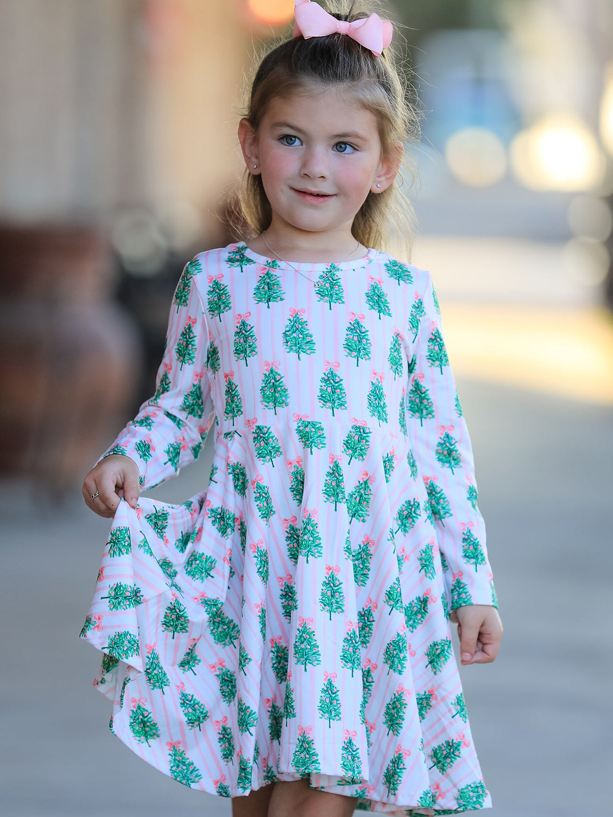 Christmas Girls Pink Stripe Tree Bow Twirl Dress - Rylee Faith Designs - Flyclothing LLC