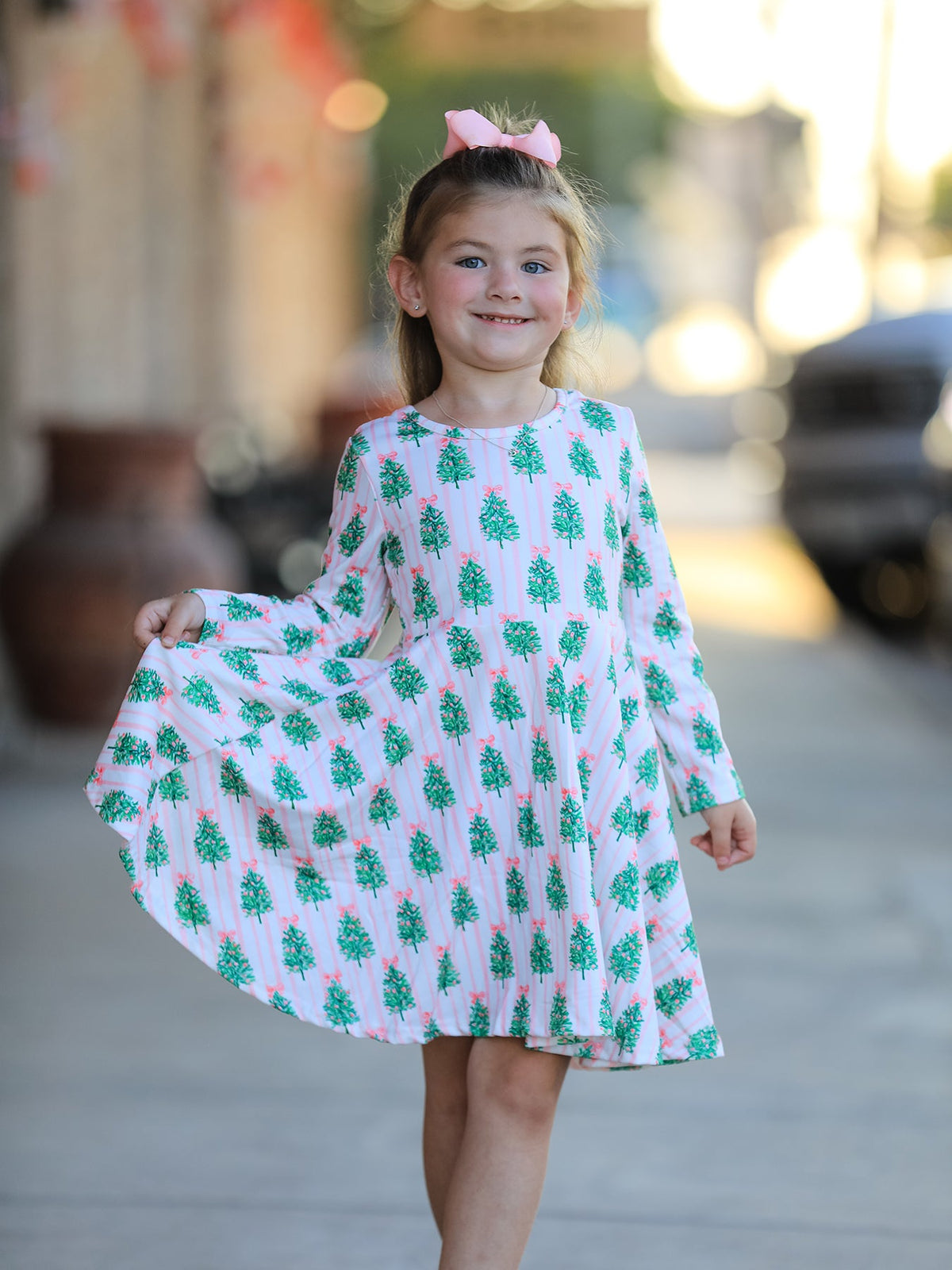 Christmas Girls Pink Stripe Tree Bow Twirl Dress - Rylee Faith Designs - Flyclothing LLC