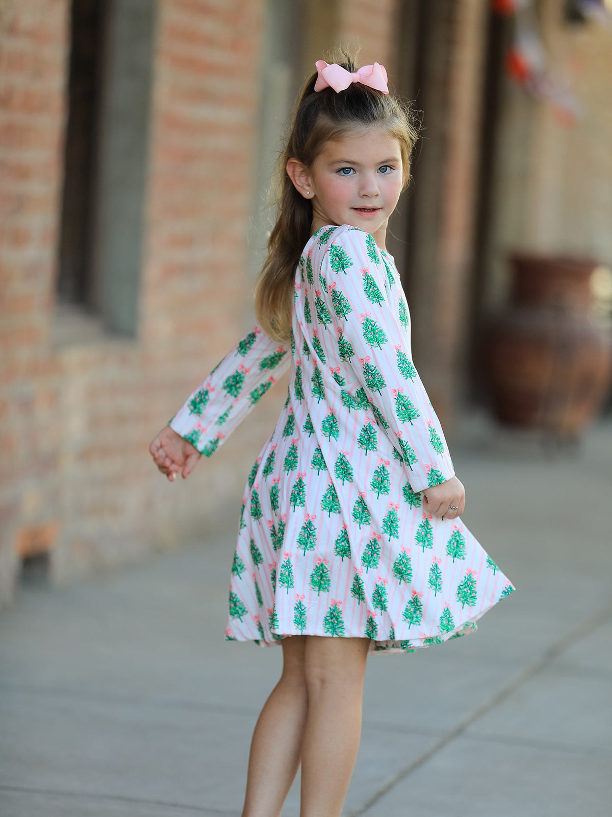 Christmas Girls Pink Stripe Tree Bow Twirl Dress - Rylee Faith Designs - Flyclothing LLC