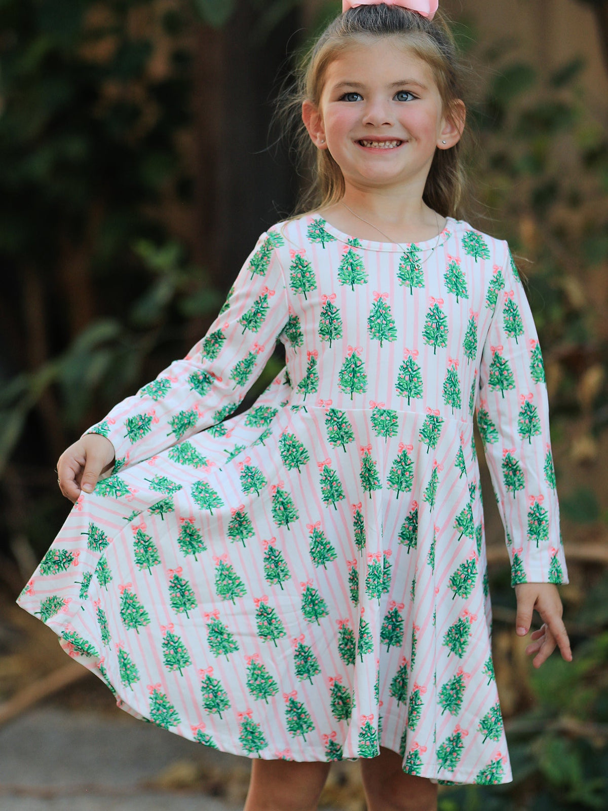 Christmas Girls Pink Stripe Tree Bow Twirl Dress - Rylee Faith Designs - Flyclothing LLC