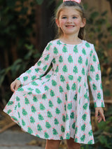Christmas Girls Pink Stripe Tree Bow Twirl Dress - Rylee Faith Designs - Flyclothing LLC