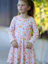 Fall Pink Pumpkin Girls Long Sleeve Twirl Dress - Rylee Faith Designs - Flyclothing LLC