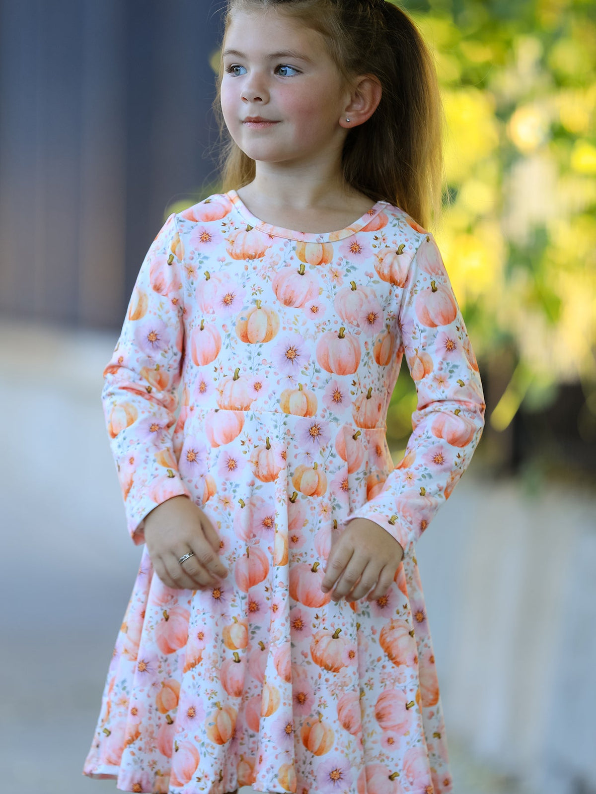 Fall Pink Pumpkin Girls Long Sleeve Twirl Dress - Rylee Faith Designs - Flyclothing LLC