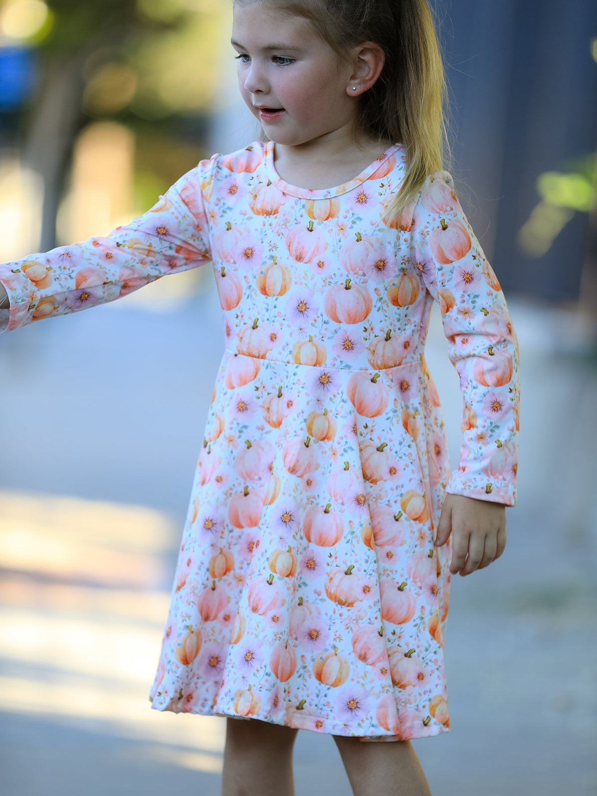 Fall Pink Pumpkin Girls Long Sleeve Twirl Dress - Rylee Faith Designs - Flyclothing LLC