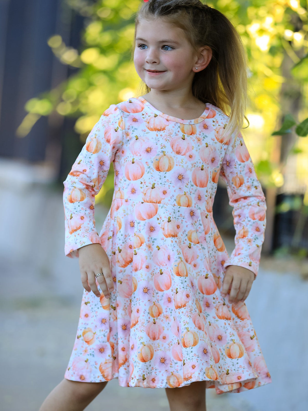 Fall Pink Pumpkin Girls Long Sleeve Twirl Dress - Rylee Faith Designs - Flyclothing LLC