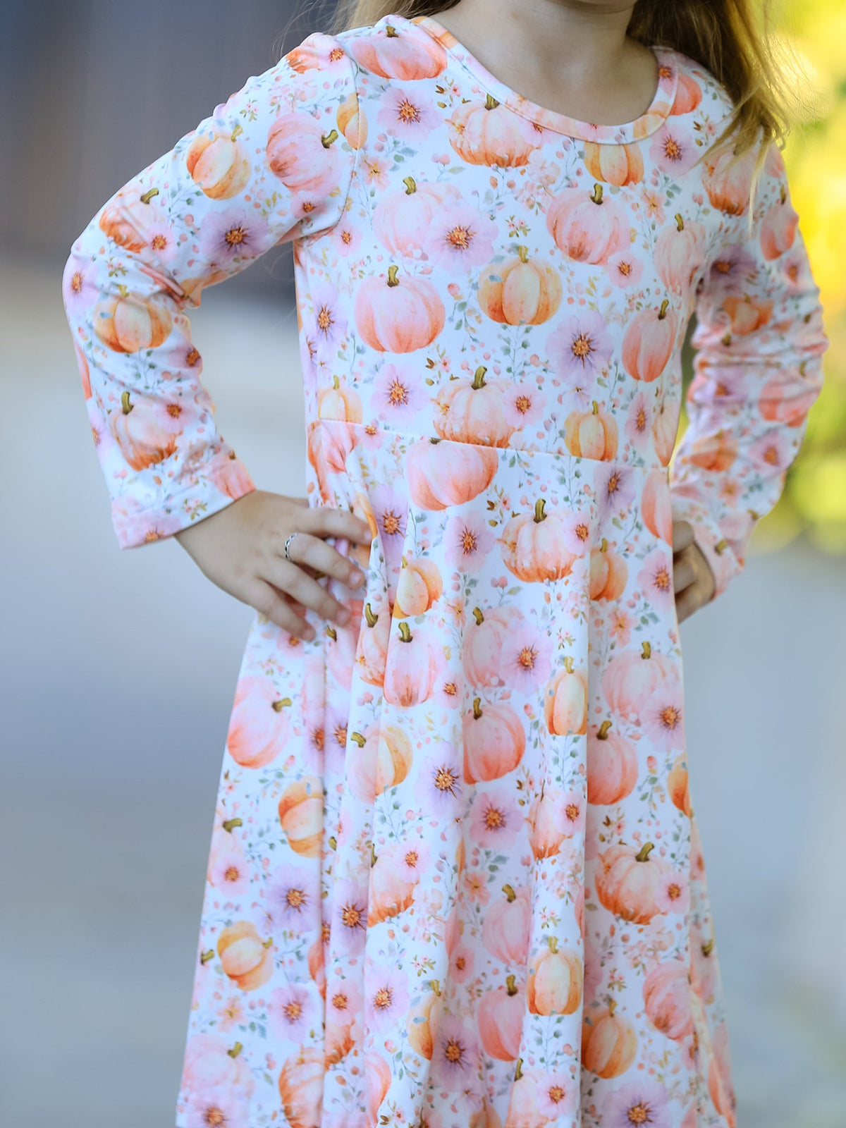 Fall Pink Pumpkin Girls Long Sleeve Twirl Dress - Rylee Faith Designs - Flyclothing LLC