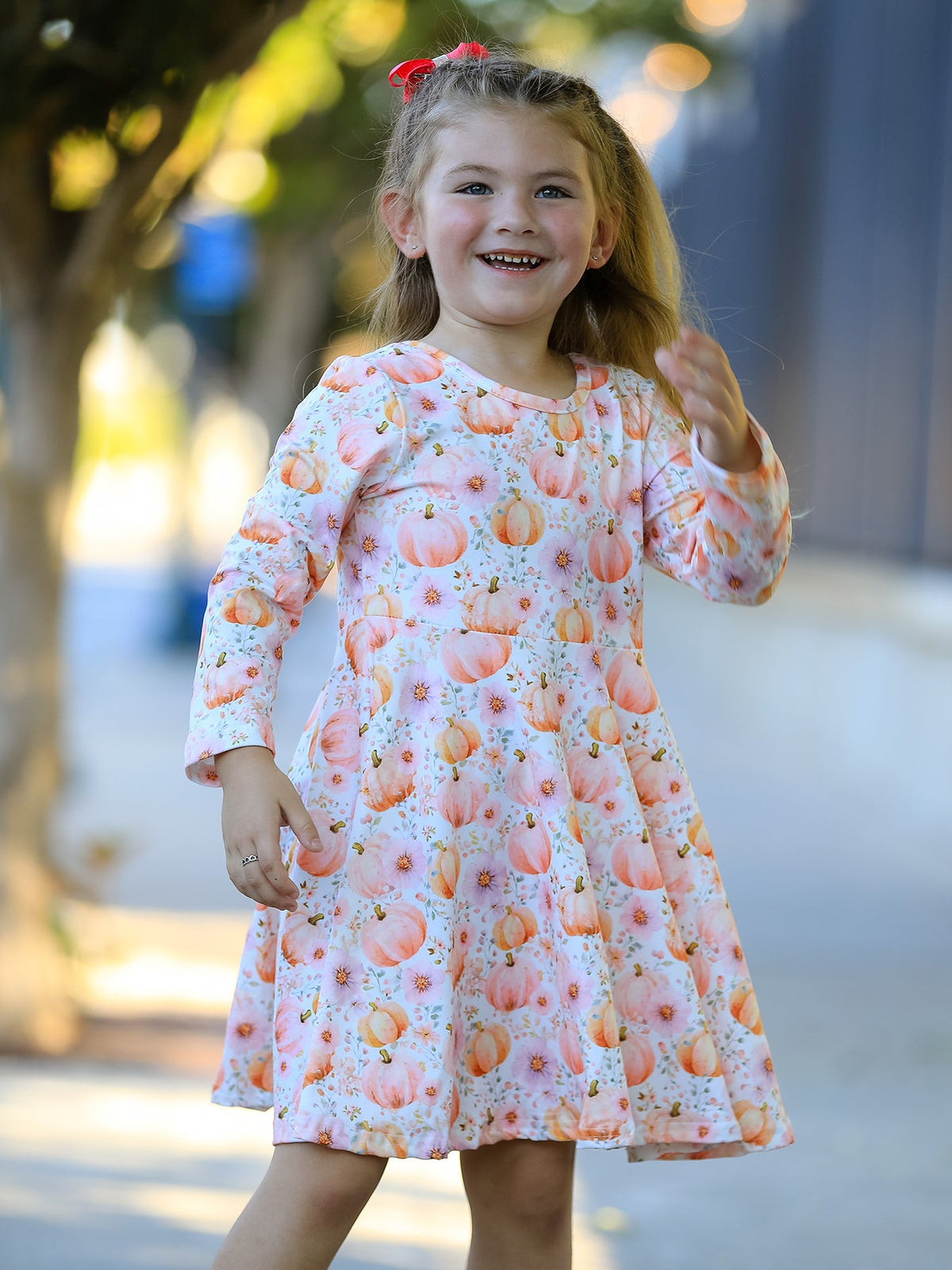 Fall Pink Pumpkin Girls Long Sleeve Twirl Dress - Rylee Faith Designs - Flyclothing LLC