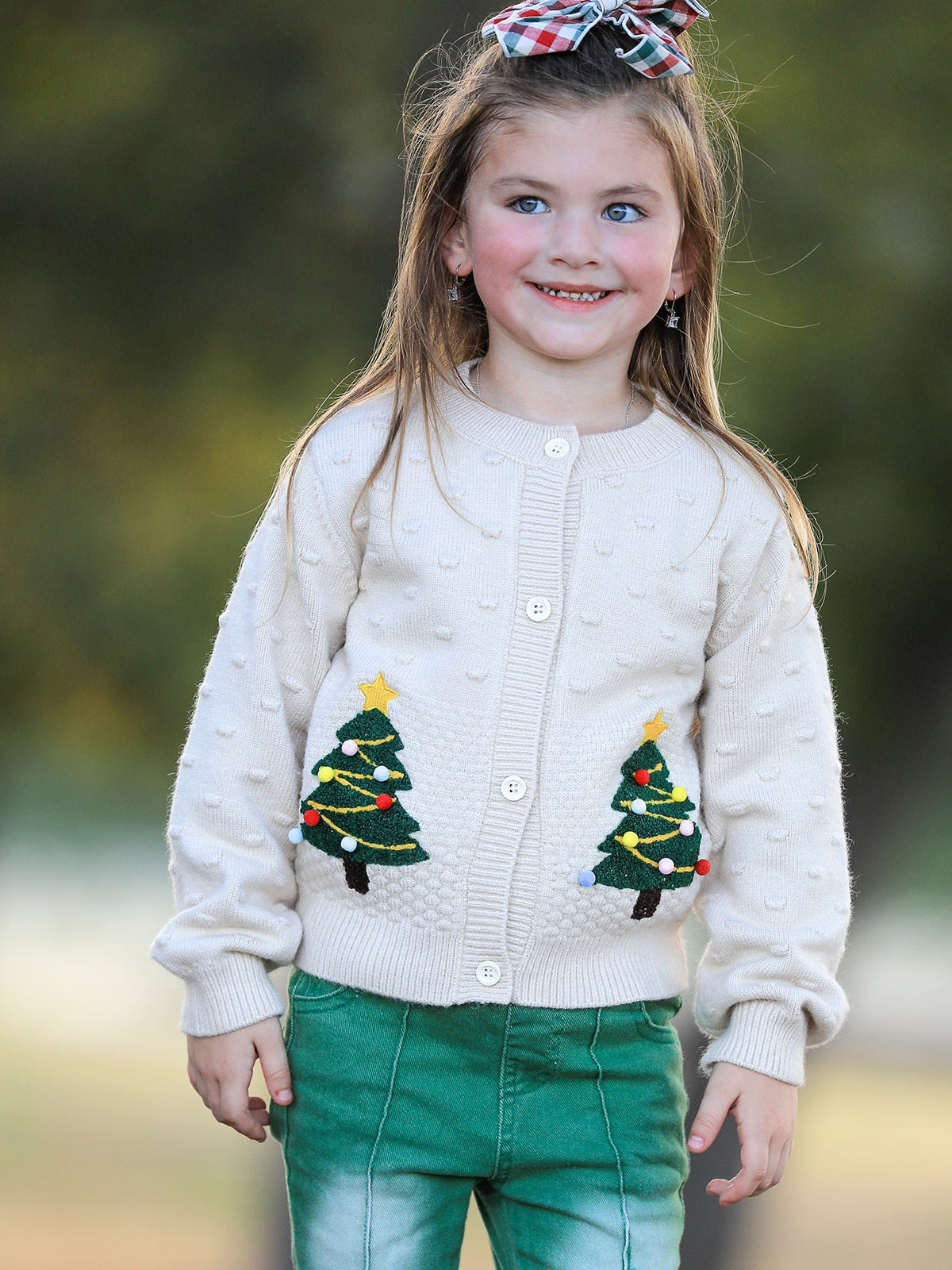 Christmas Tree Knit Cardigan Kids Holiday Sweater Button Front - Rylee Faith Designs - Flyclothing LLC
