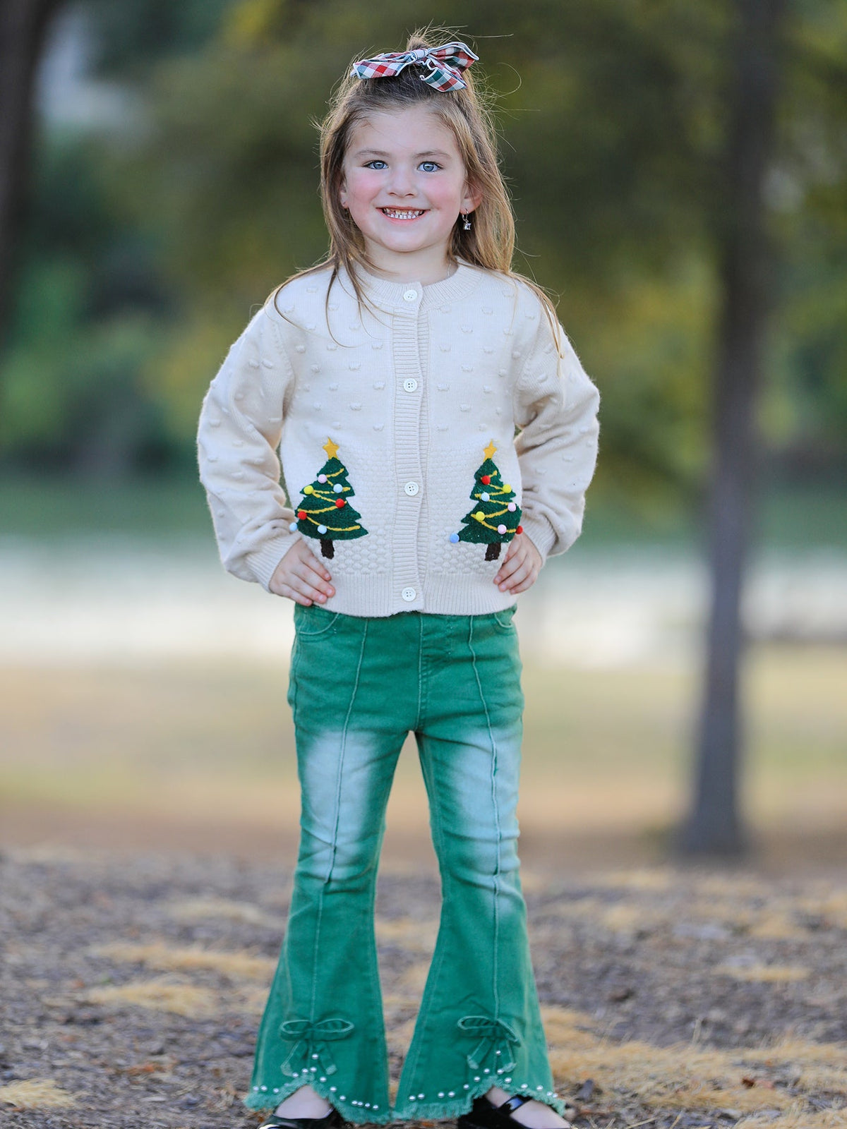 Christmas Tree Knit Cardigan Kids Holiday Sweater Button Front - Rylee Faith Designs - Flyclothing LLC
