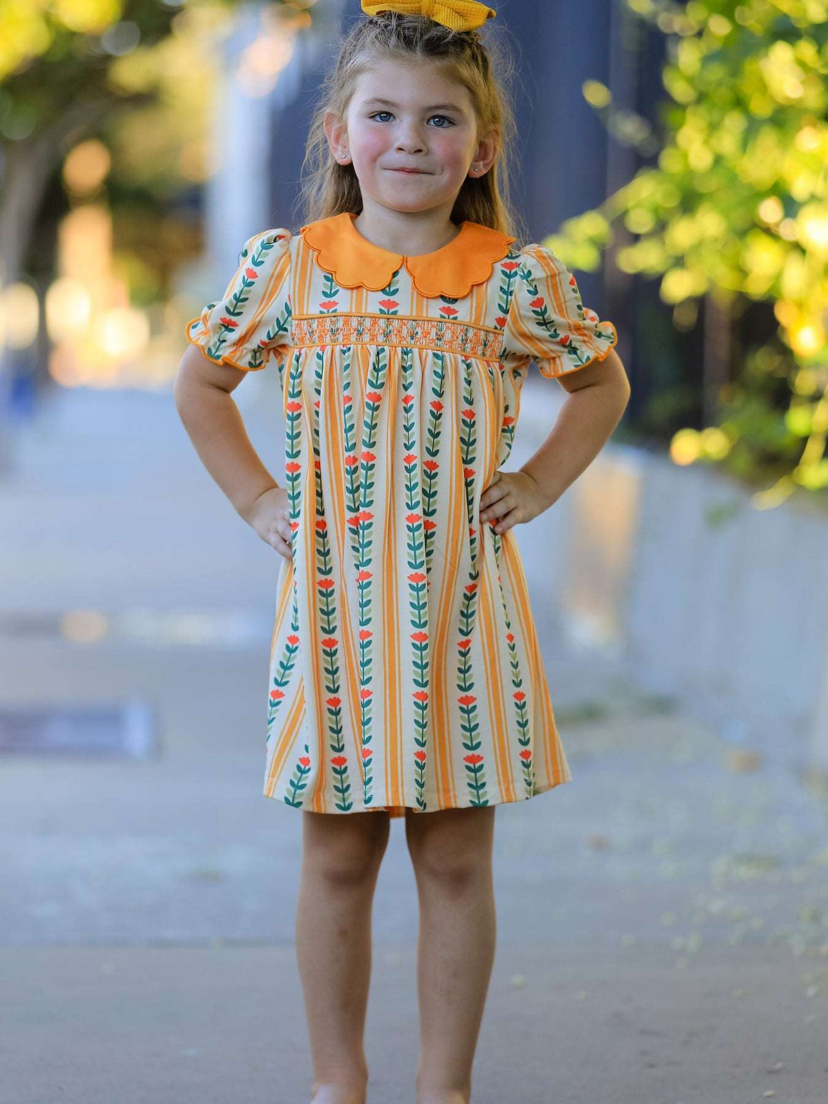 Fall Floral Stripe Girls Dress Petals Collar Smocked - Rylee Faith Designs - Flyclothing LLC
