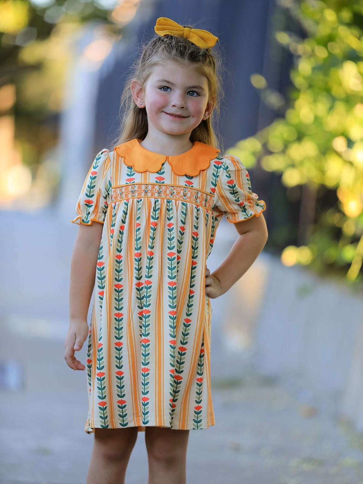 Fall Floral Stripe Girls Dress Petals Collar Smocked - Rylee Faith Designs - Flyclothing LLC