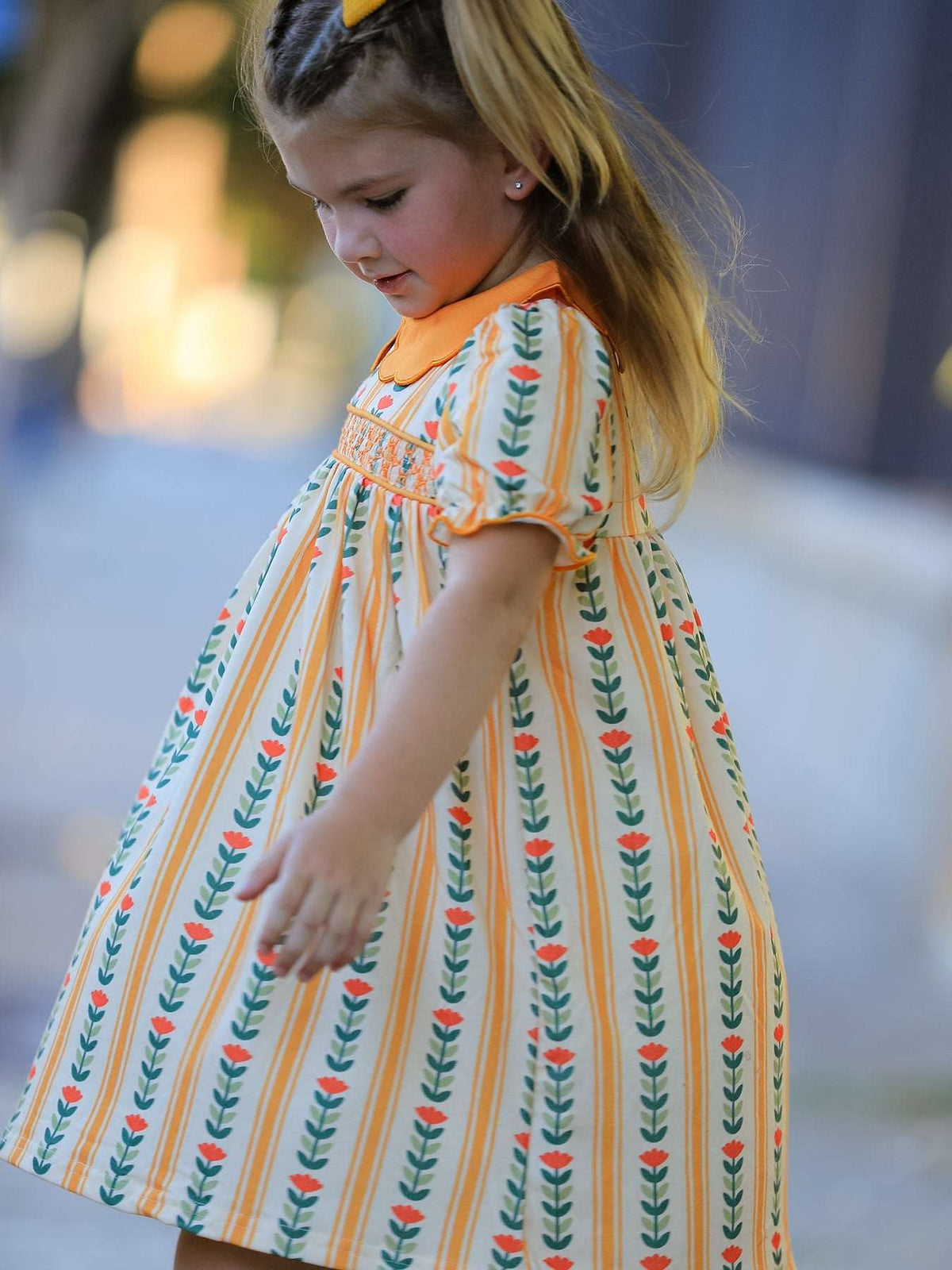 Fall Floral Stripe Girls Dress Petals Collar Smocked - Rylee Faith Designs - Flyclothing LLC