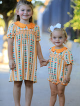 Fall Floral Stripe Girls Dress Petals Collar Smocked