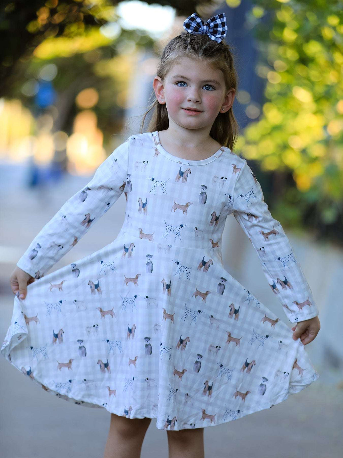 Fall Plaid Dog Print Girls Long Sleeve Twirl Dress