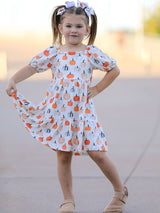 Fall Pumpkin Puff Sleeve Girls Dress - Rylee Faith Designs - Flyclothing LLC