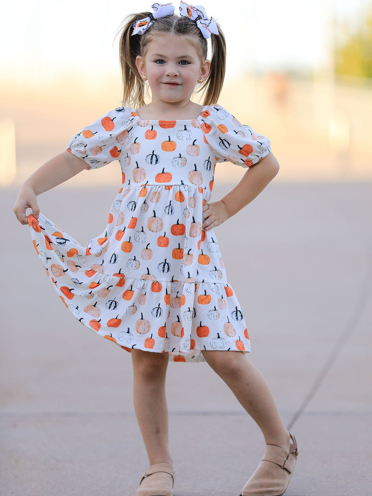 Fall Pumpkin Puff Sleeve Girls Dress - Rylee Faith Designs - Flyclothing LLC