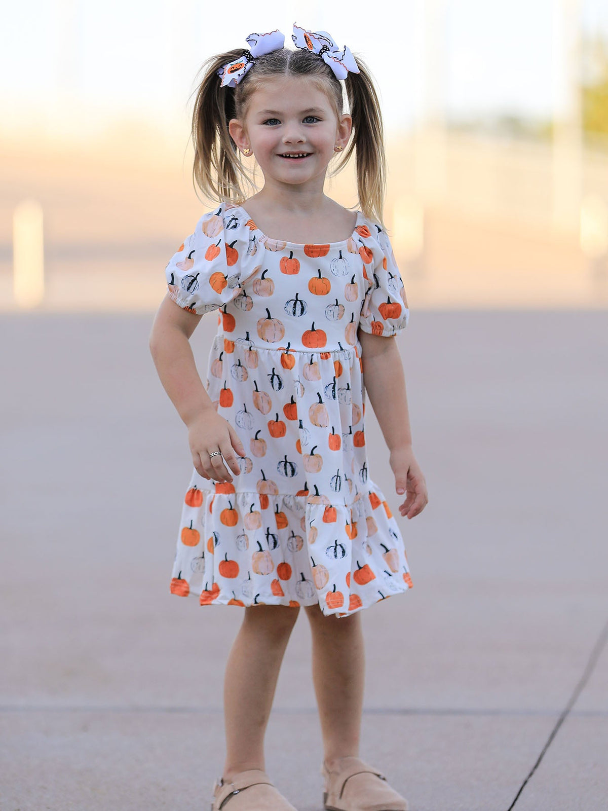 Fall Pumpkin Puff Sleeve Girls Dress - Rylee Faith Designs - Flyclothing LLC