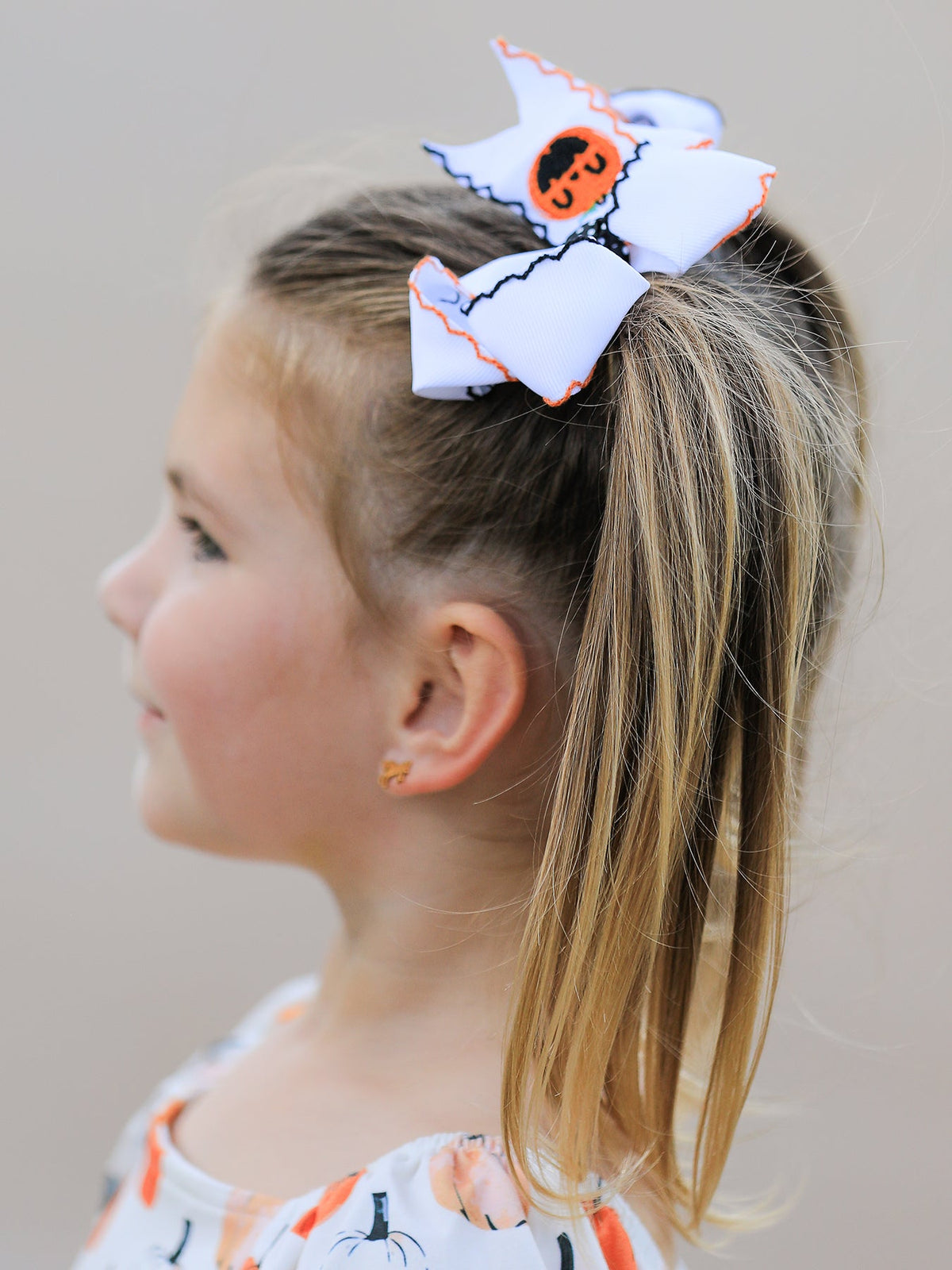 Halloween Pumpkin Hair Bows: White Ribbon Design（2PCS） - Rylee Faith Designs - Flyclothing LLC