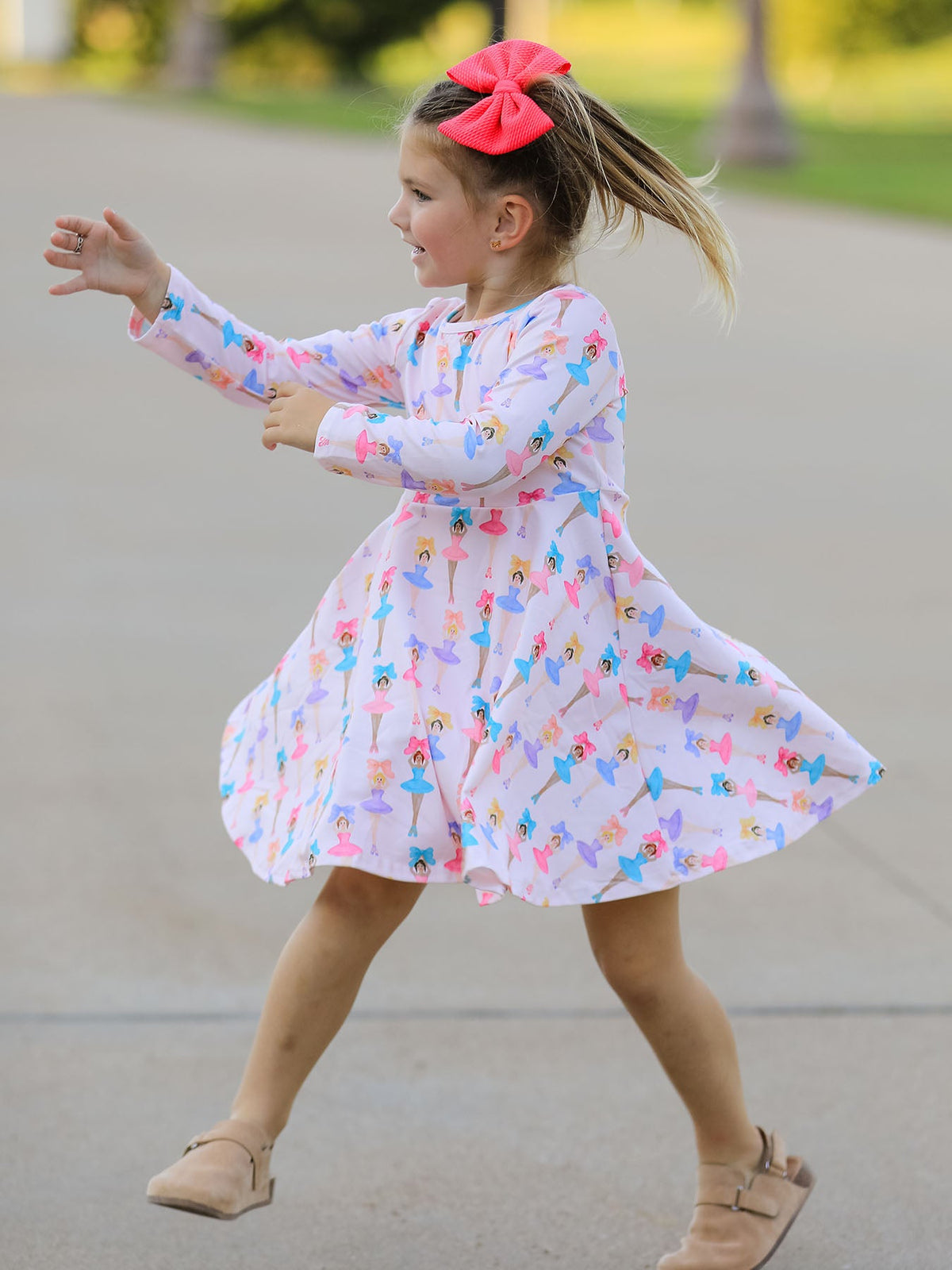 Fall Colorful Ballet Character Girls Long Sleeve Twirl Dress - Rylee Faith Designs - Flyclothing LLC