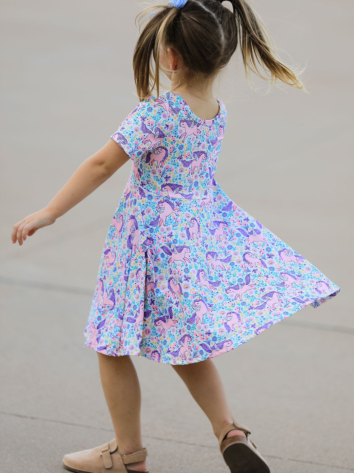 Unicorn Floral Print Girls Short Sleeve Twirl Dress - Rylee Faith Designs - Flyclothing LLC