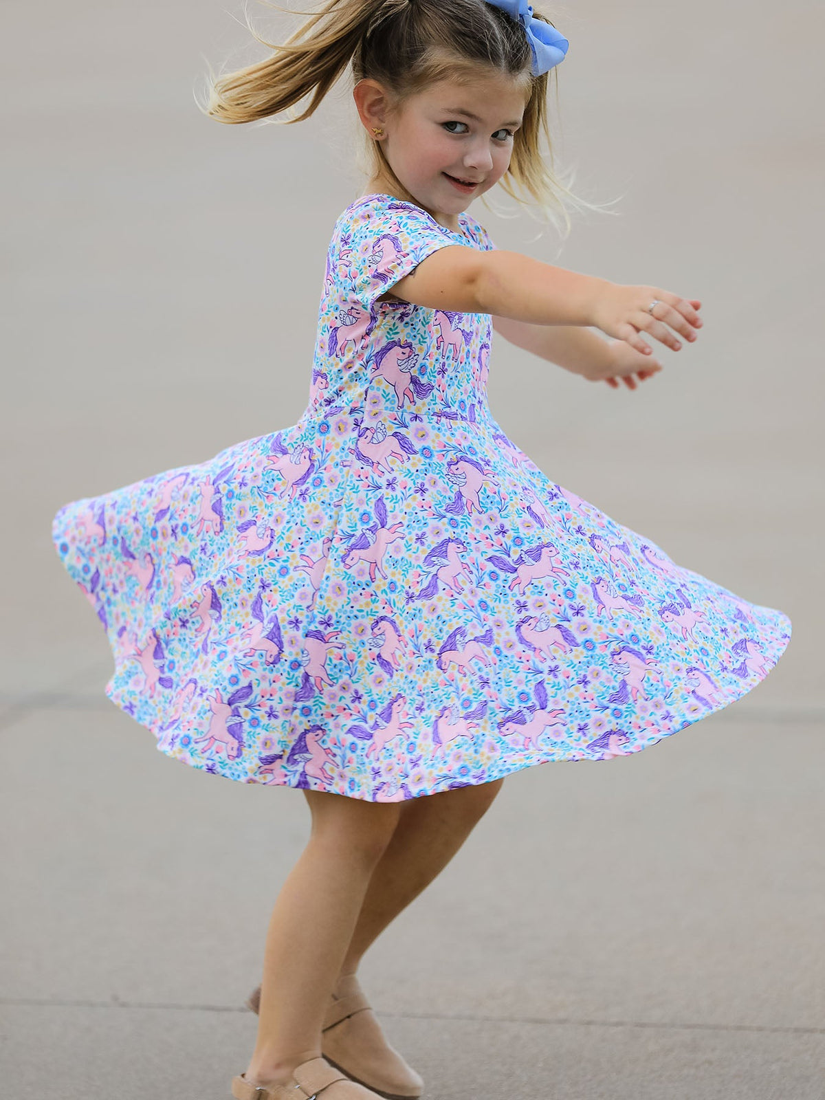 Unicorn Floral Print Girls Short Sleeve Twirl Dress - Rylee Faith Designs - Flyclothing LLC